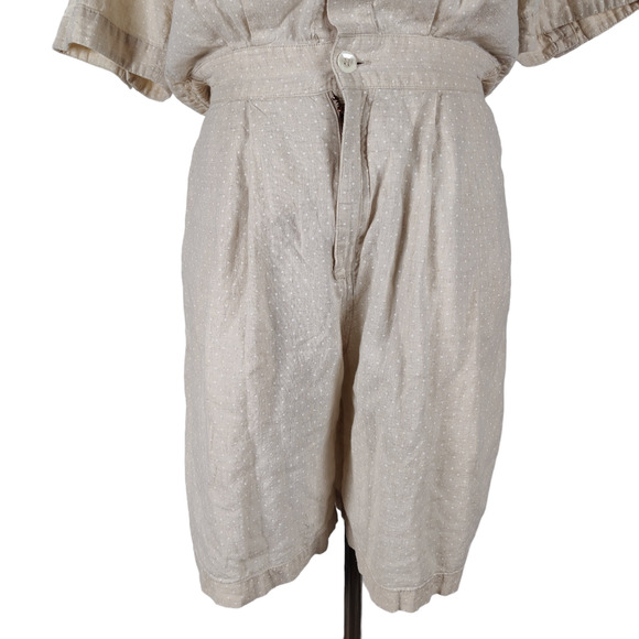 Vintage 90s Linen Blend Romper Size S Beige Micro Dot Short Sleeve Pockets - Picture 9 of 15